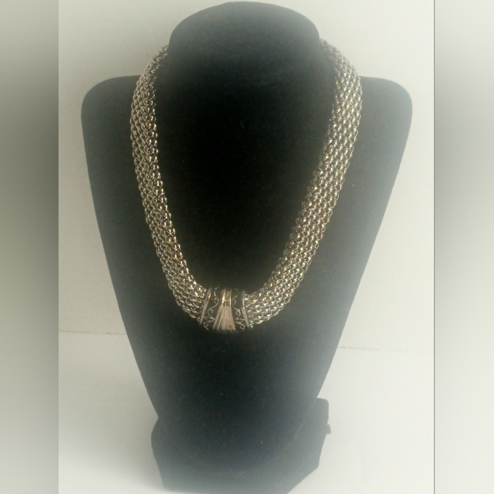 Elegant Silver Mesh Etruscan Cleopatra Style Magnetic Chain Necklace